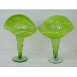 Two early 20thC vaseline glass 'Jack in the pulpit' vases, 17cm high.