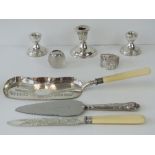 A vintage crumb scoop and bread knife each having HM silver collar,
