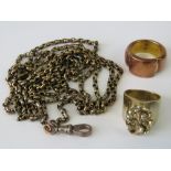 A gilt metal long guard chain having clasp stamped 9c,