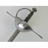 An 18thC cup hilted rapier, the double edged blade stamped M.O.N.V.O. and M.O.V.H.O.