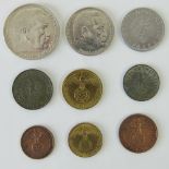 Nine German Reich marks and pfennig coins including a rare 5 reichmark coin having Hindenburg