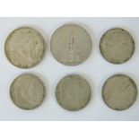 WWII German silver coins; 900 silver 1934 & 1935 '5 Reichsmark' coins, 625 silver 1937 (x2),