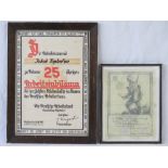 Two German WW II certificates including a reprint with a storm trooper, both framed and glazed.