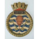 An original plaque from the minesweeper HMS Upton (M1187) measuring 22 x 17.5cm.