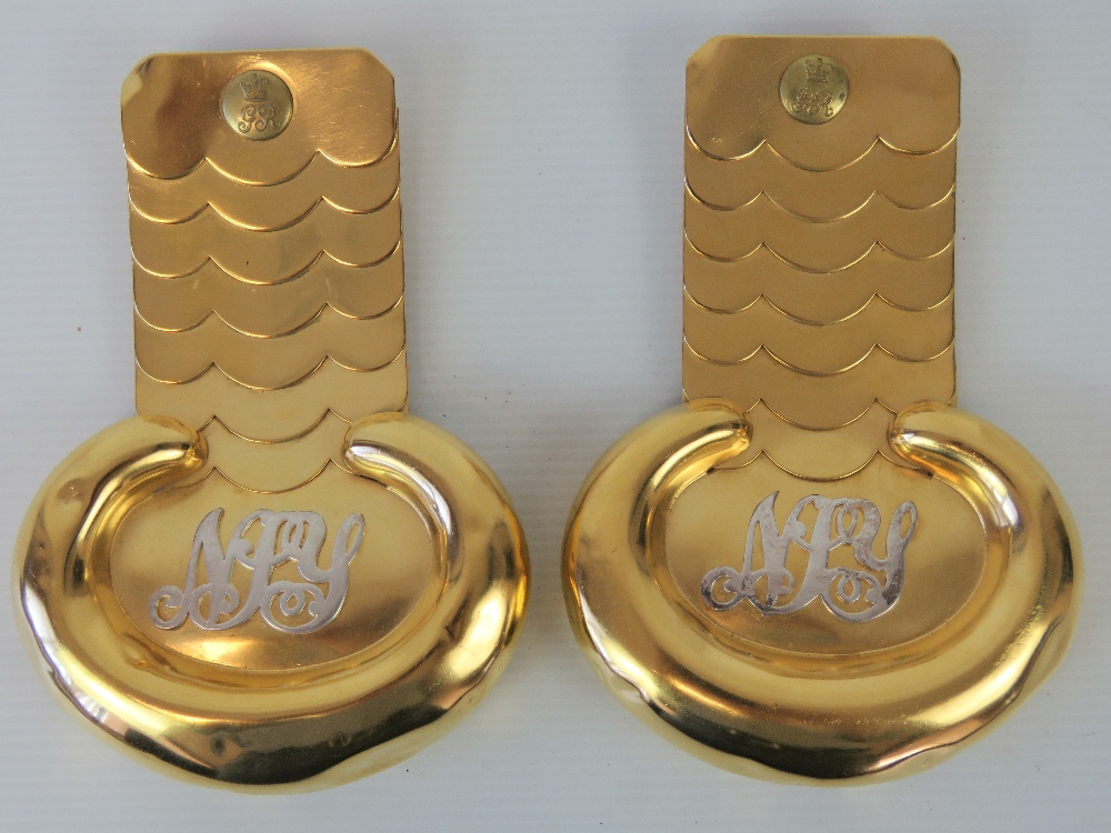 A pair of late 20th century gold plated fish scale type fixed shoulder boards each bearing GR