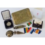 WW I Christmas 1914 Princess Mary brass gift box, a whistle 'The Metropolitan' by J.