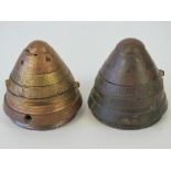 A pair of inert WWI 18Lb fuse heads, one having Canadian military marks and dated 1916.