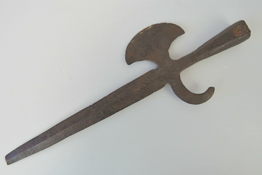 An antique wrought iron halberd spear top with axe head and integral hook, 48cm in length. - Image 2 of 2