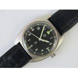 A military issue stainless steel wristwatch with black dial and luminous hands and markers,