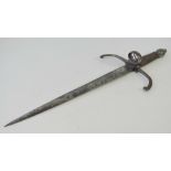 An unusual 18th century short sword having steel blade, outcurved knuckle guard and wire grip,