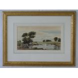 Watercolour; cattle in river, fields bey