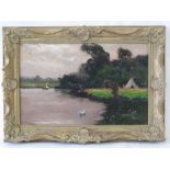 Oil on board; swan on river with campsit