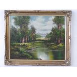 Oil on canvas; river and trees with moun