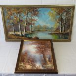 Oil on board; forest and river scene, si