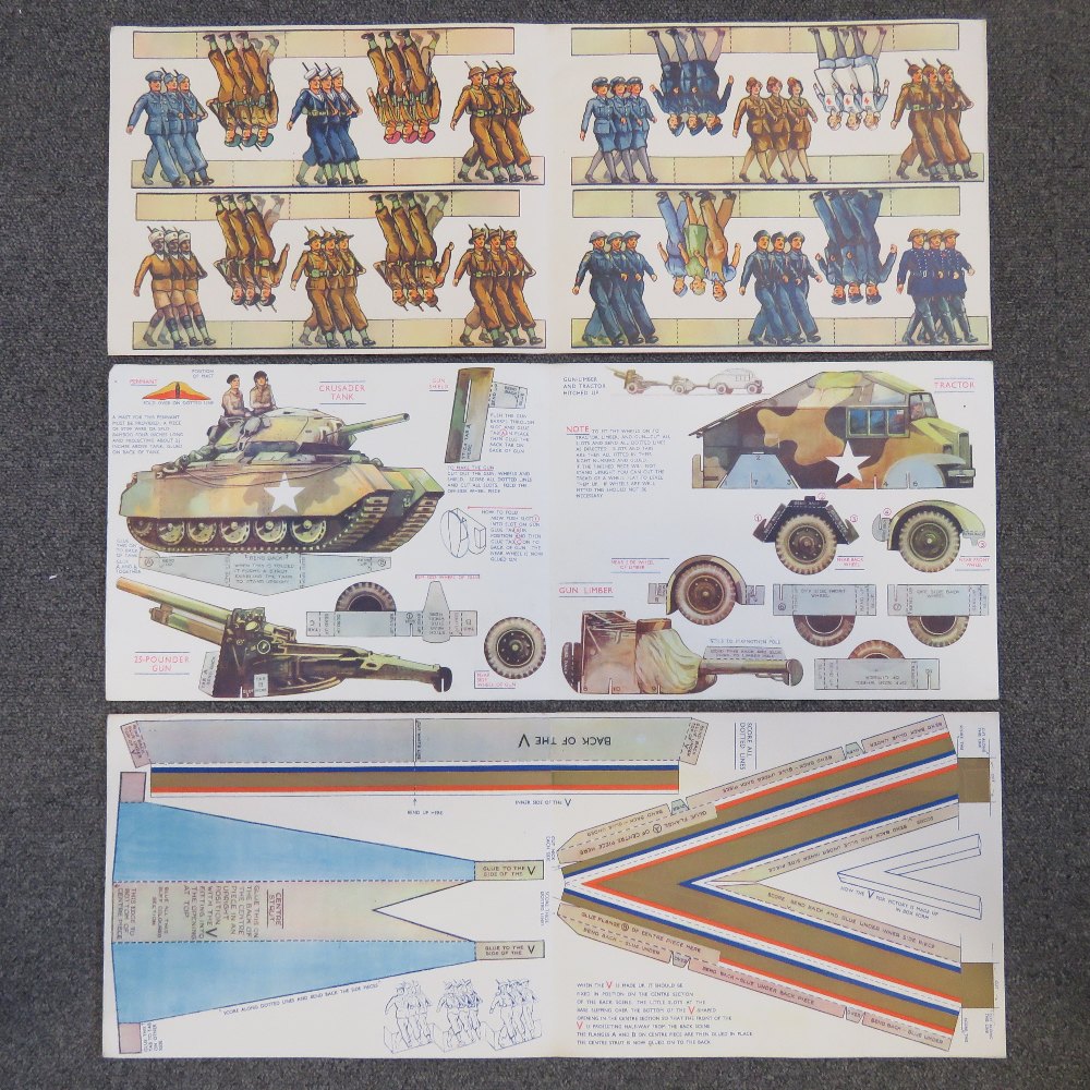 Three printed VE Day parade sheets depic