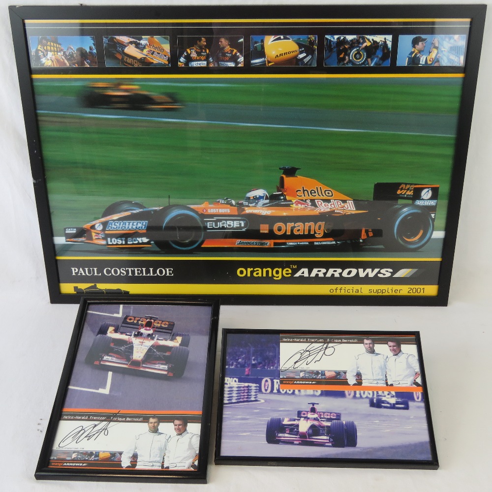 Two Orange Arrows publicity cards each signed Heinz Harald Frentzen and Enrique Bernoldi