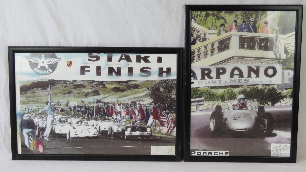 A framed hand tinted photographic print of a Formula 1 Porsche racing car demonstration.