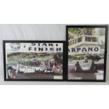 A framed hand tinted photographic print of a Formula 1 Porsche racing car demonstration.