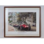 1956 Monaco Grand Prix, a coloured print after David Johnson depicting Stirling Moss and Fangio,