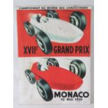 A contemporary stretch canvas copy of the 10th May 1959 Monaco Grand Prix poster, 80 x 60cm.