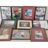 A signed montage featuring autographs for Murray Walker, Damon Hill, and Johnny Herbert, 17 x 12cm.