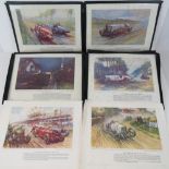 Six illustrative coloured motor racing prints form 'The Autocar' by F. Gordon-Crosby, 25cm x 30cm.