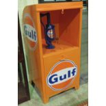 A Gulf Oils themed workshop hand cranked oil pump measuring 68cm wide and standing 142cm high.