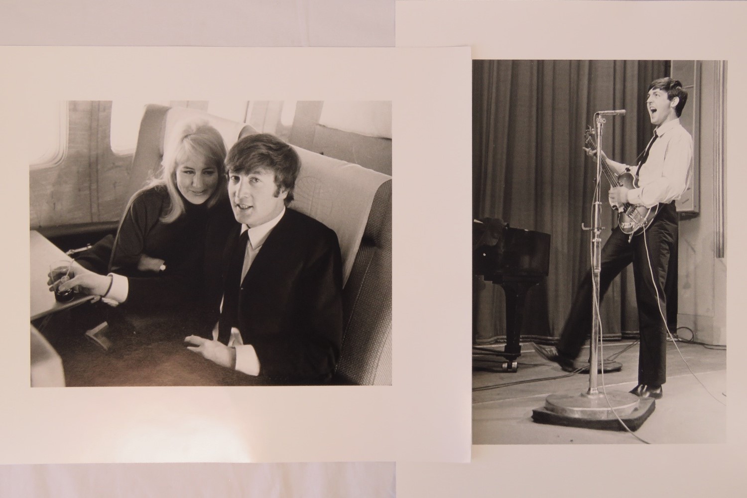 Paul McCartney on stage in 1963 and John Lennon with Cynthia on a 'flight to New York 1964',