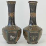 A pair of cloisonné bud vases having brown and black ground, floral and inset decoration, a/f,