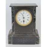 A 19th century polished slate and marble mantle clock having enamel dial with Arabic and Roman