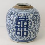 An early 19thC Chinese ginger jar with blue painted scroll and flower designs, lacking cover,