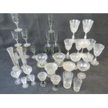 A quantity of assorted vintage glassware; champagne saucers, liqueur glasses, wine glasses, etc.