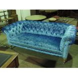 A superb re upholstered button back scroll arm oversprung Chesterfield settee in electric blue,