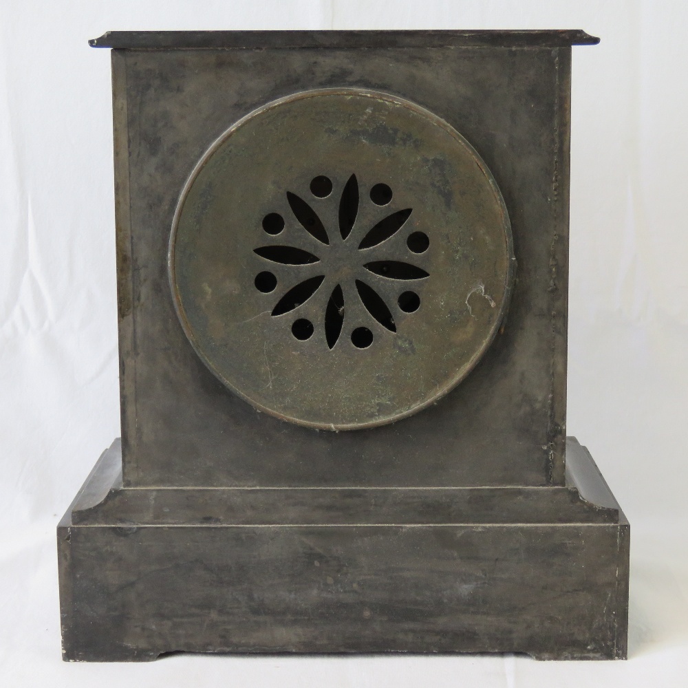 A good square shaped Victorian polished slate mantle clock having inset malachite decoration, - Image 3 of 4