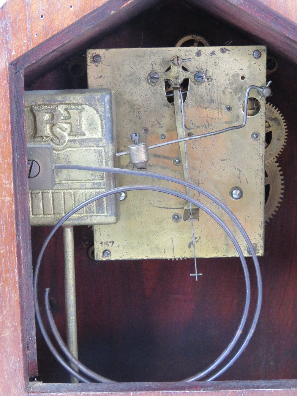 An Edwardian mahogany eight day striking table clock, enamelled dial with Roman numerals, - Image 2 of 2