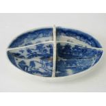 A rare 19thC pearlware oval Willow Pattern four division pickle dish, with raised profile handle,