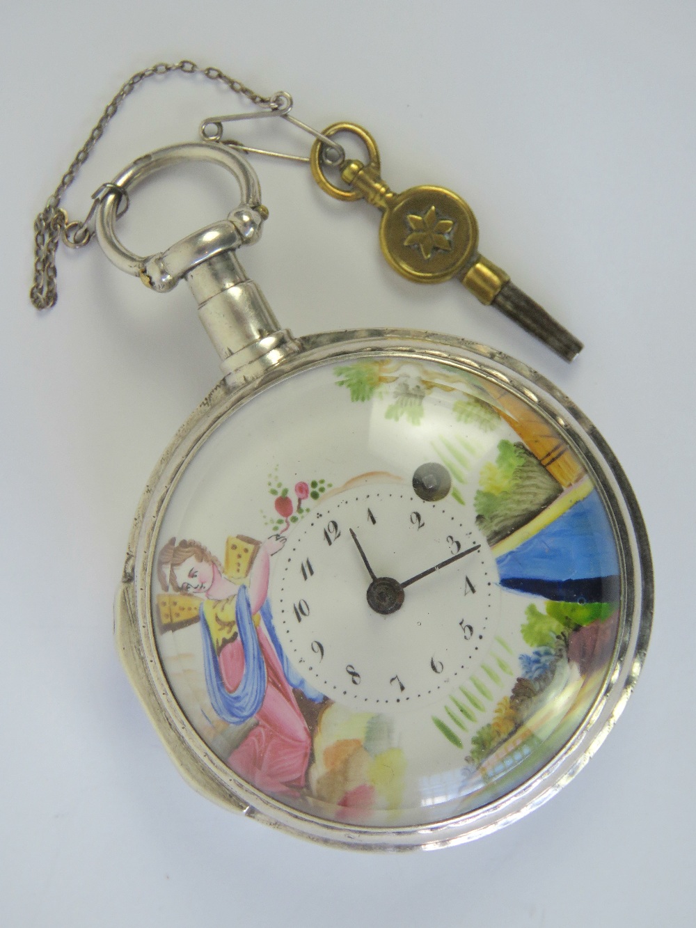 A delightful 19th century silver Verge pocket watch having hand painted Continental scene upon