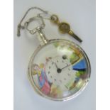 A delightful 19th century silver Verge pocket watch having hand painted Continental scene upon