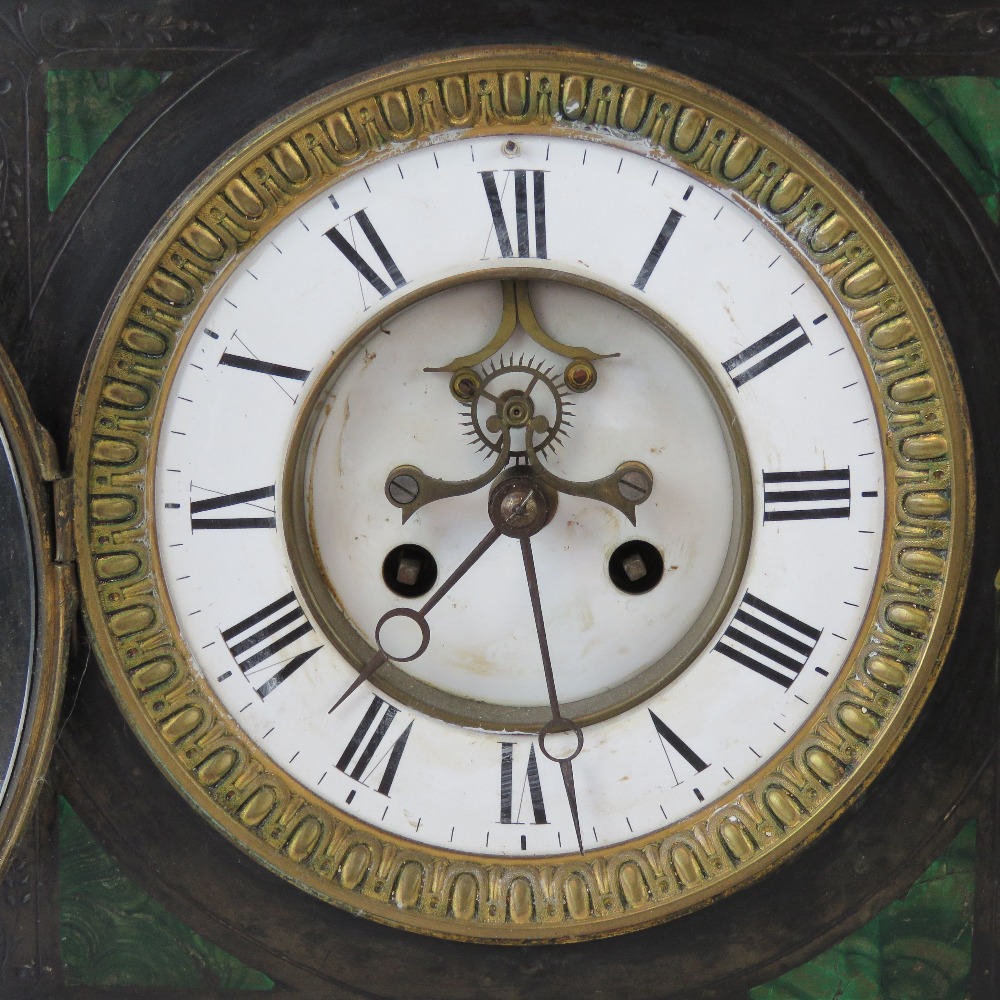 A good square shaped Victorian polished slate mantle clock having inset malachite decoration, - Image 2 of 4