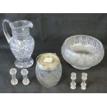 A cut glass punch bowl together with a cut glass jug standing 28cm high,