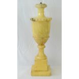 An Italian alabaster table lamp of urn shaped design on square base and plinth, 50cm high.