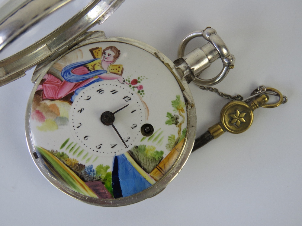 A delightful 19th century silver Verge pocket watch having hand painted Continental scene upon - Image 2 of 4