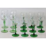 A quantity of vintage hock glasses with green stems (9+4).