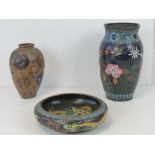 Three cloisonné items including a bowl and two vases, all a/f, bowl 21cm dia,