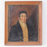 Oil on canvas, 18th century naive portrait of a gentleman in waistcoat and button coat, a/f,