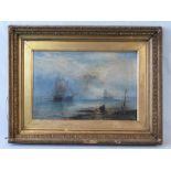 Oil on canvas; maritime scene ships at anchor, shore and bouys before, sky beyond, unsigned,