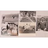 Five signed photographs of football players; Gordon Banks, George Best, Harry Greg,