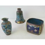 Three delightful small size items of cloisonné ware; a square shaped jardiniere, 10cm dia,