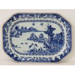 An 18thC Chinese export blue and white serving dish with painted landscape decoration, 29cm,