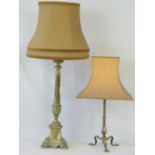 Two brass table lamps, each with shade, for rewiring.